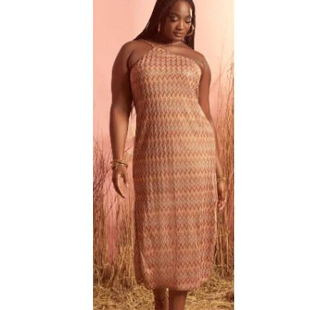 Eloquii Plus Size Geometric Print Crochet Stretch Knit Midi Dress Party Brown